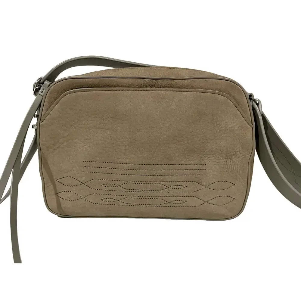 All Saints Crossbody Purse Shoulder Camera Bag Leather Taupe Gray Stitching